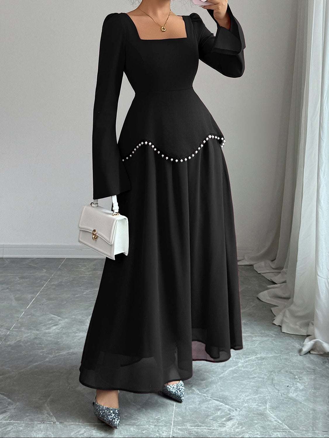 Square Neck Long Sleeve Pearl Beaded Mesh Maxi Dress