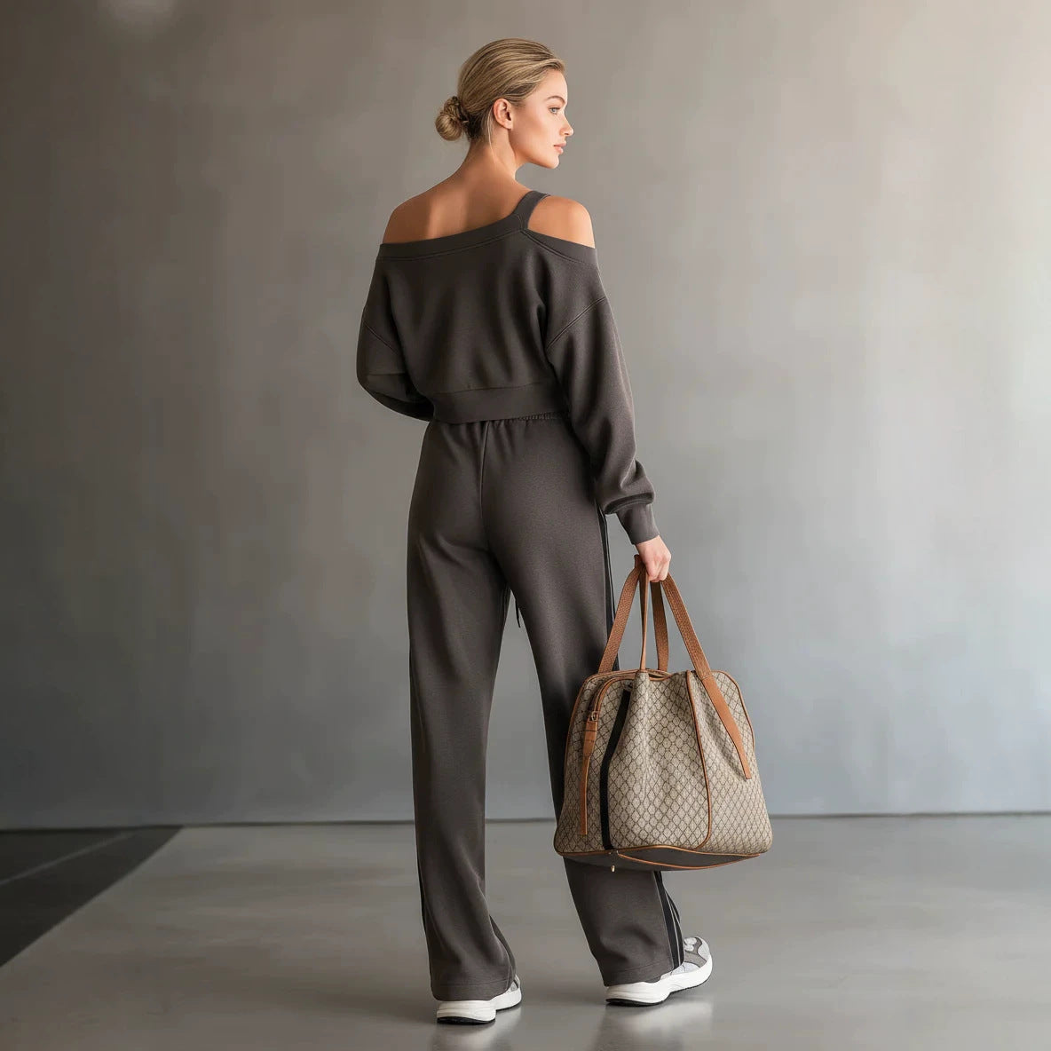 Off Shoulder Crop Sweatshirt and Sweatpants Matching Set