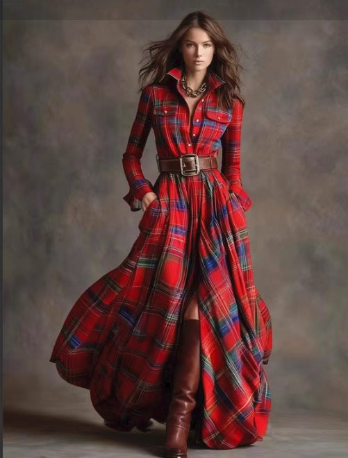Plaid Belted Maxi Shirt Dress Long Sleeve Vintage