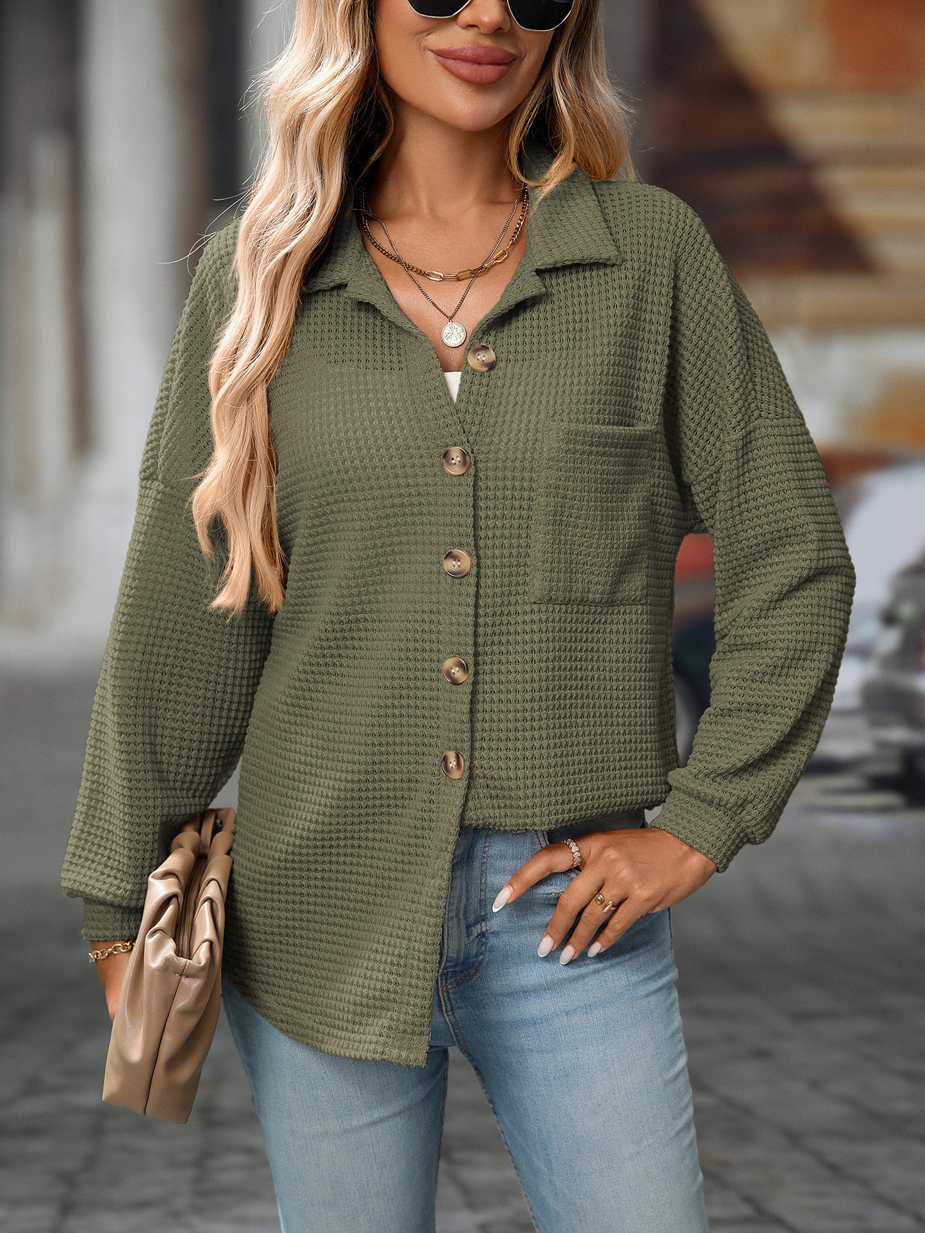 2025 Fall/Winter Casual Waffle Knit Shirt – Loose Fit Commuter Top