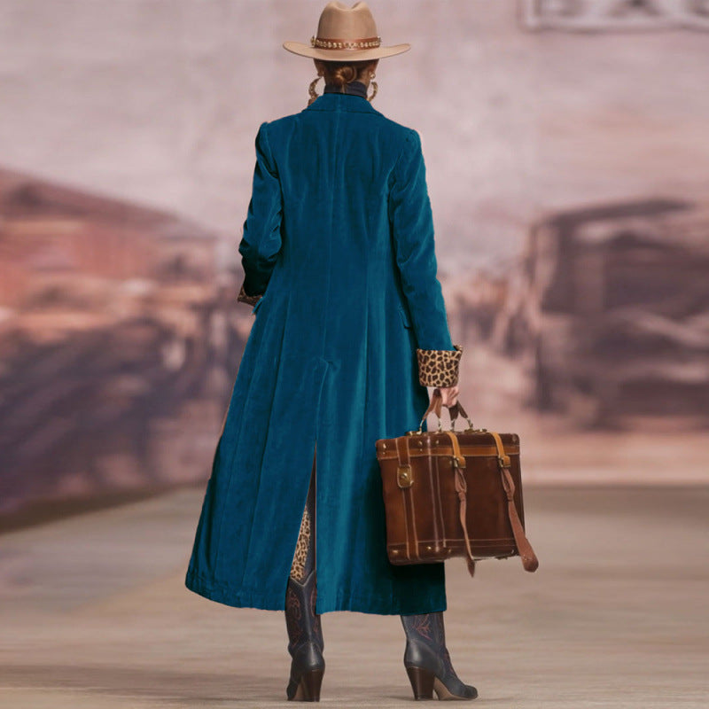 Women's Long Velvet Blazer Leopard Cuff Coat
