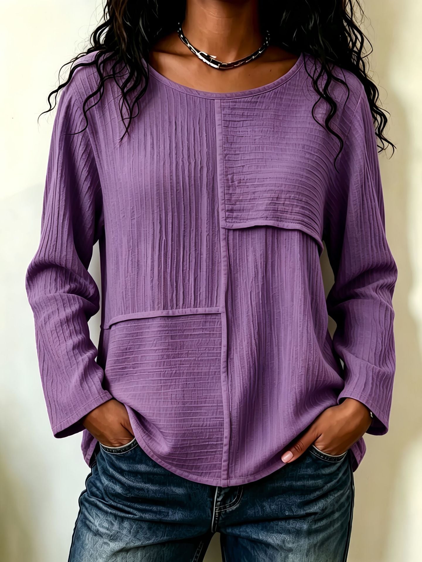 Women's Oversized Patchwork Crew Neck Long Sleeve Top