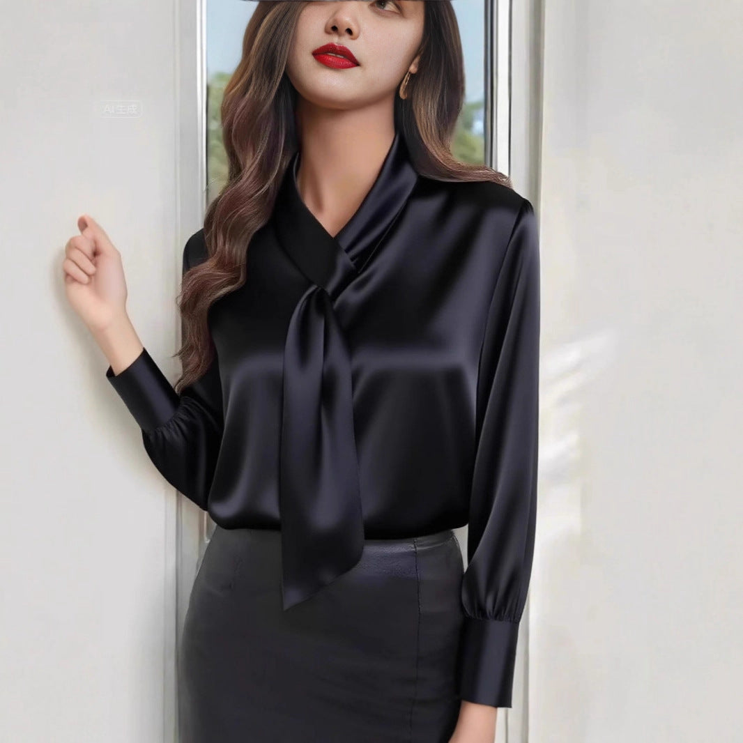 Satin Tie Neck Blouse Elegant Long Sleeve Top