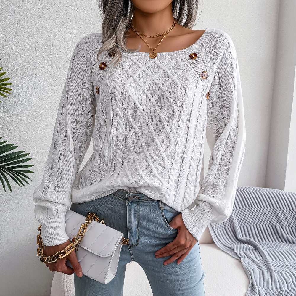 2025 Fall Winter Casual Square Neck Button Detail Cable Knit Sweater