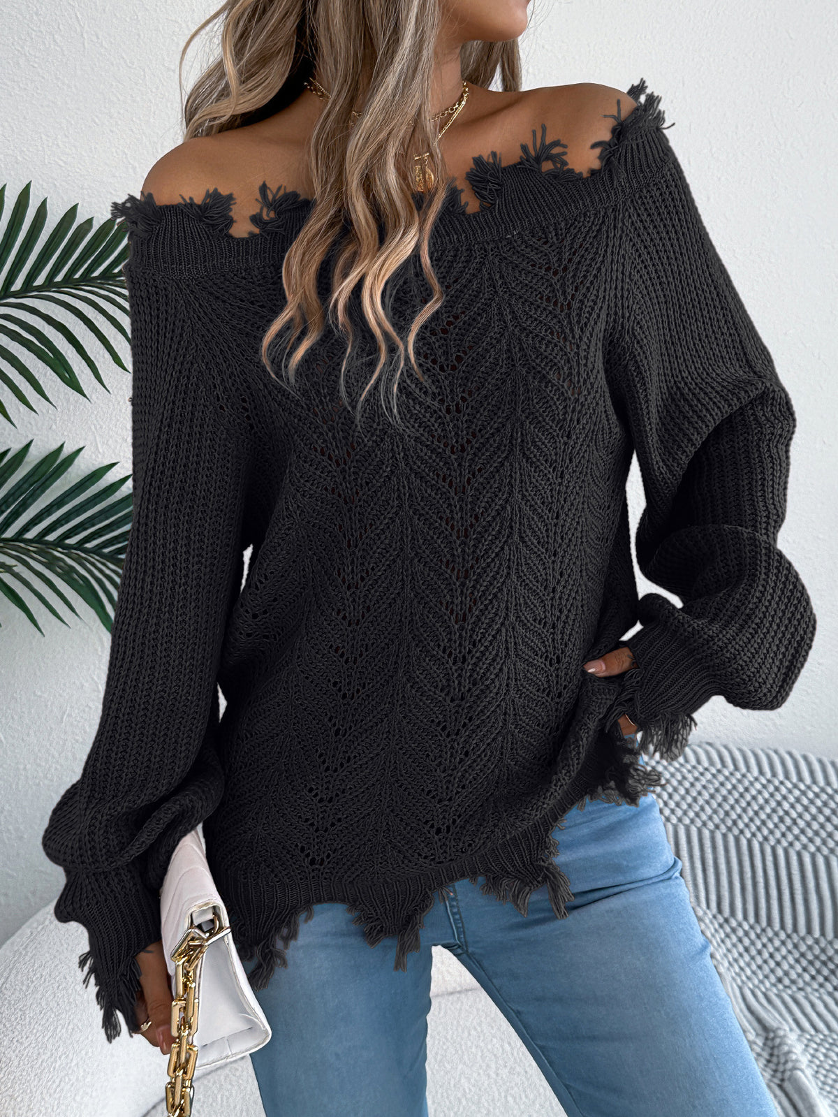 Women's Off Shoulder Distressed Crochet Sweater Top