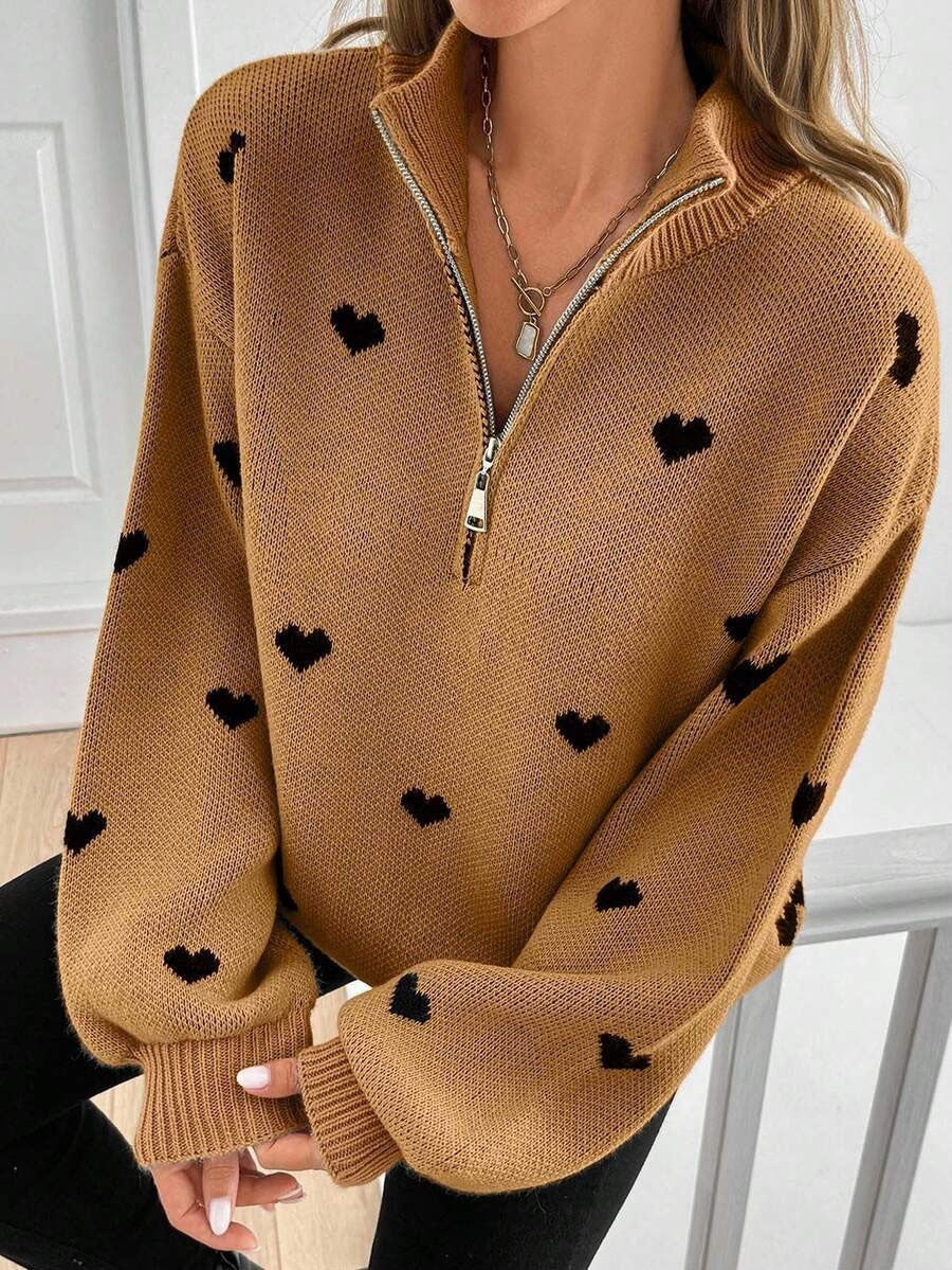 Women's Oversized Heart Print Quarter Zip Knit Sweater