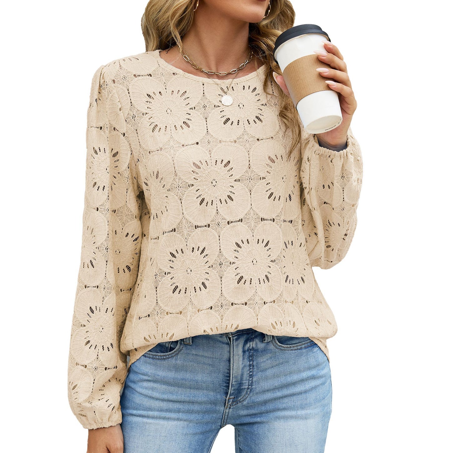 Eyelet Lace Blouse Puff Sleeve Loose Top