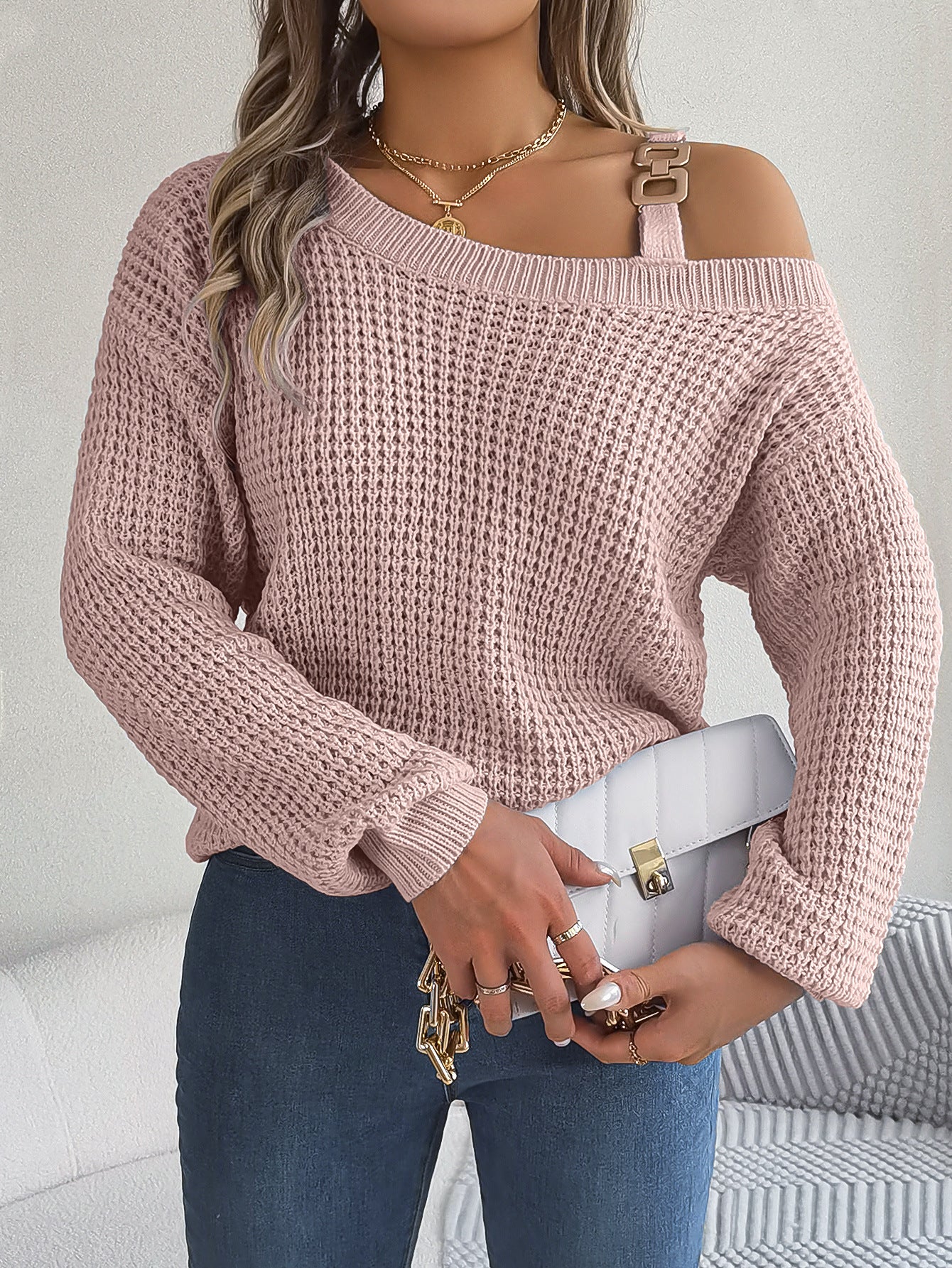2025 Fall Winter Casual Off-Shoulder Lantern Sleeve Sweater with Metal Accents