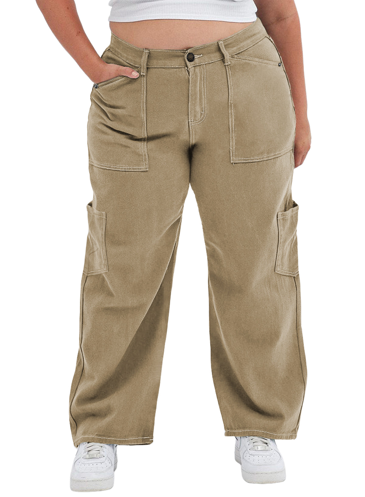 Straight Leg Loose Cut Denim Pants with Cargo Pockets for Women