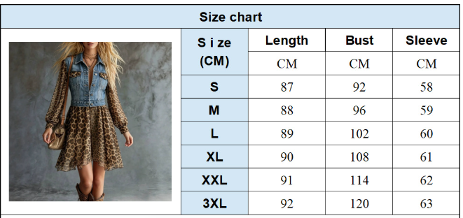 Leopard Chiffon Denim Patchwork Long Sleeve Dress