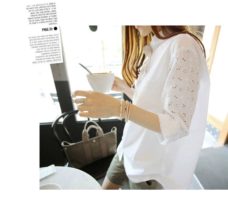 Women's Eyelet Cotton Blouse Plus Size Long Sleeve