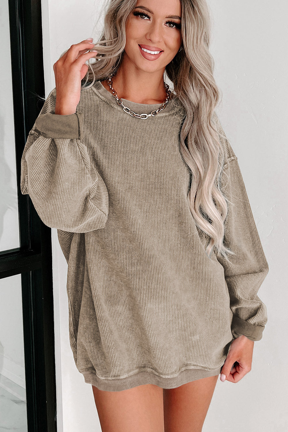 Customizable Solid Ribbed Knit Round Neck Casual PulloverSweatshirt