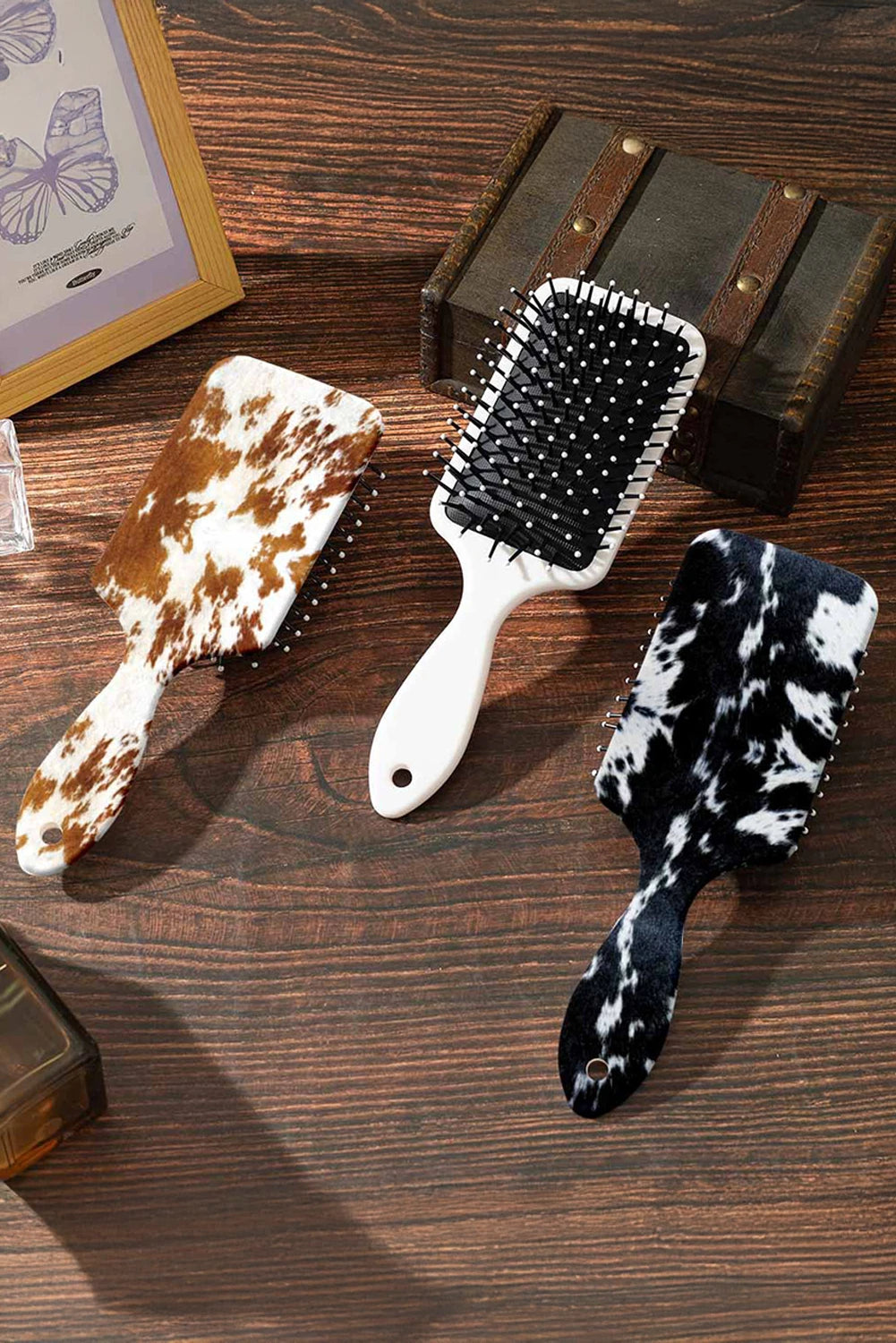 Chestnut Cow Print Air Cushion Hair Brush with Long Handle