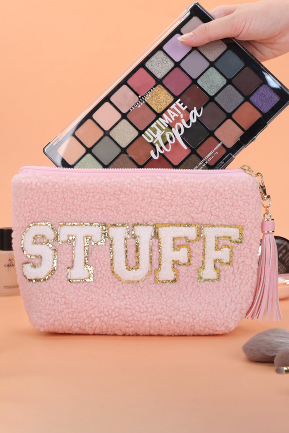 White Sparkle Letter Pattern Tassel Zipper Makeup Bag