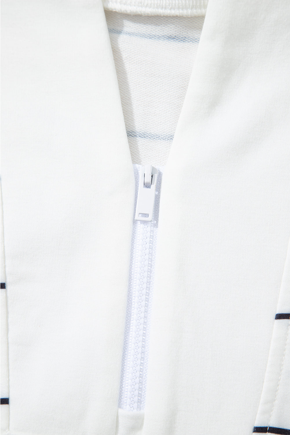 White Striped Zip V Neck Drop Shoulder Long Sleeve Top