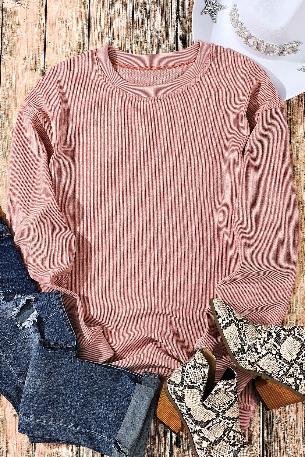 Customizable Solid Ribbed Knit Round Neck Casual PulloverSweatshirt