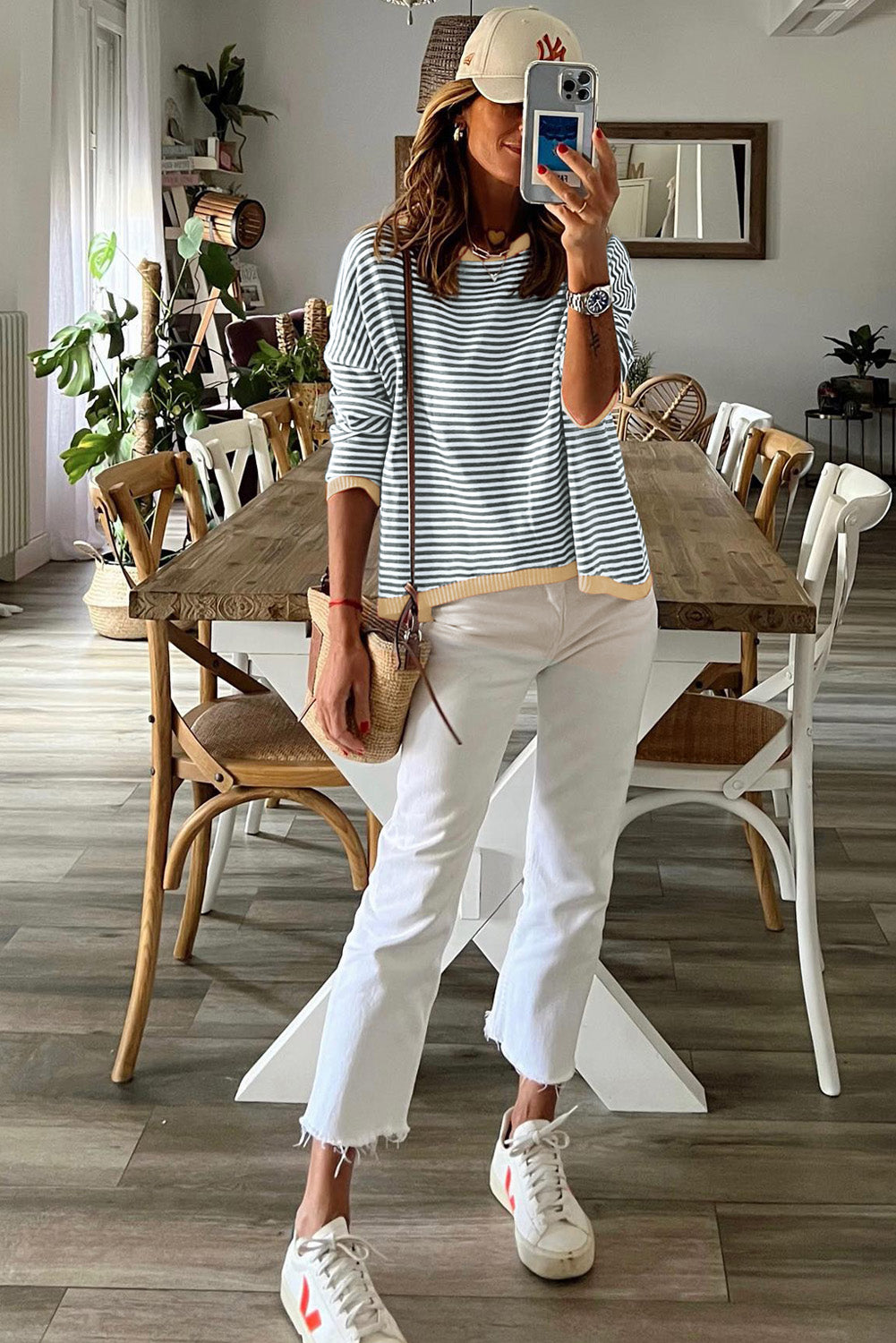 Contrast Trimmed Striped Drop Shoulder Sweater