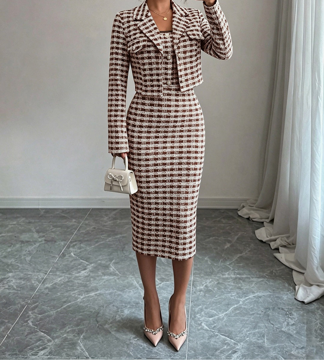 Women Elegant Tweed Blazer Dress 2 Piece Set
