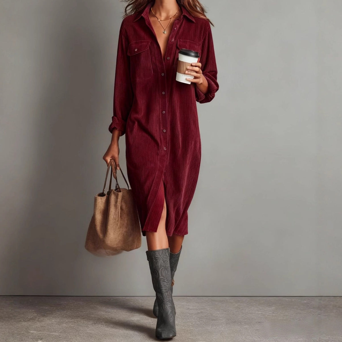 Corduroy Shirt Dress Long Sleeve Collared Midi Pockets