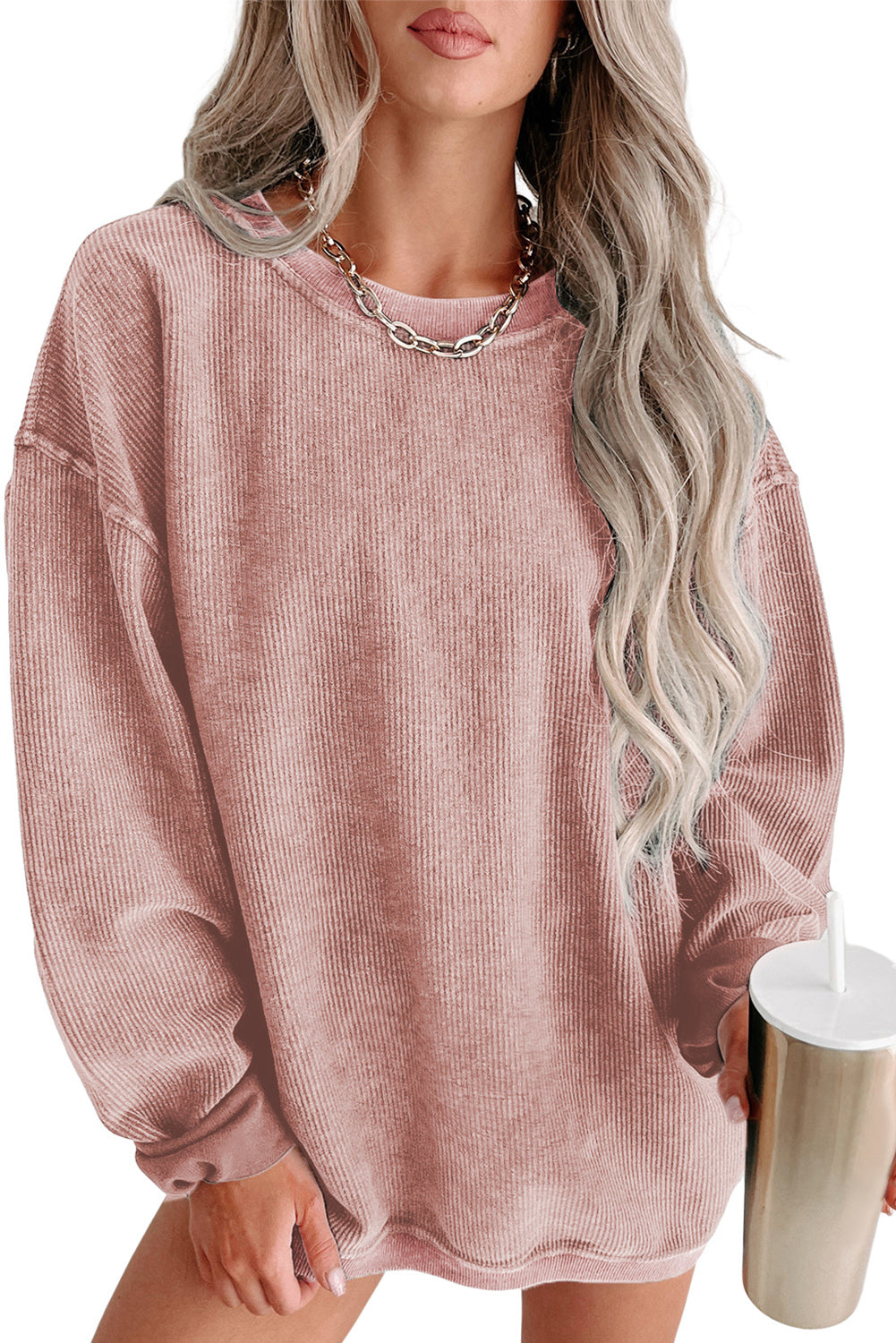 Customizable Solid Ribbed Knit Round Neck Casual PulloverSweatshirt