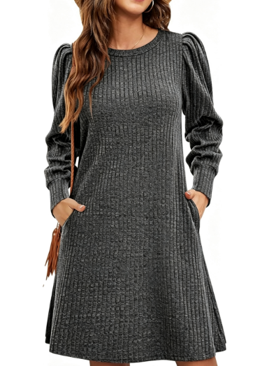 Women's Puff Sleeve Sweater Dress A-Line with Pockets