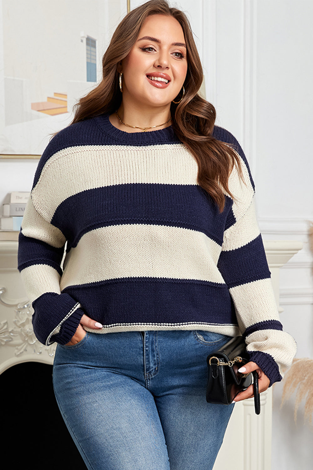 Plus Size Stripe Colorblock Drop Shoulder Sweater