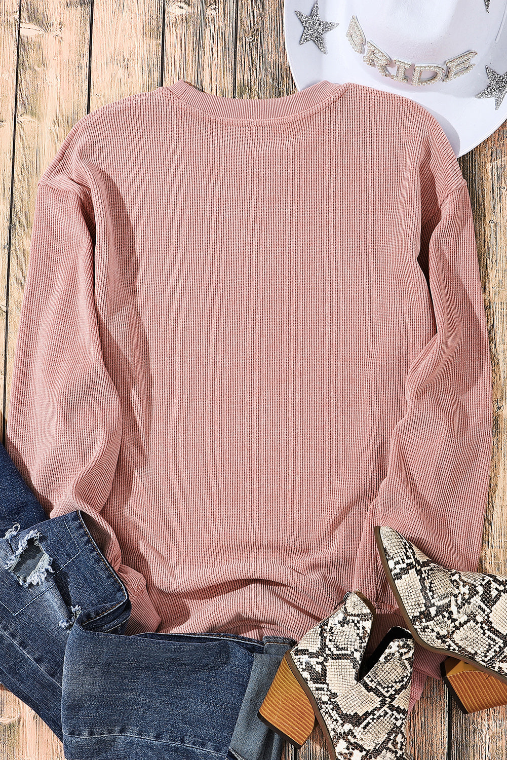 Customizable Solid Ribbed Knit Round Neck Casual PulloverSweatshirt