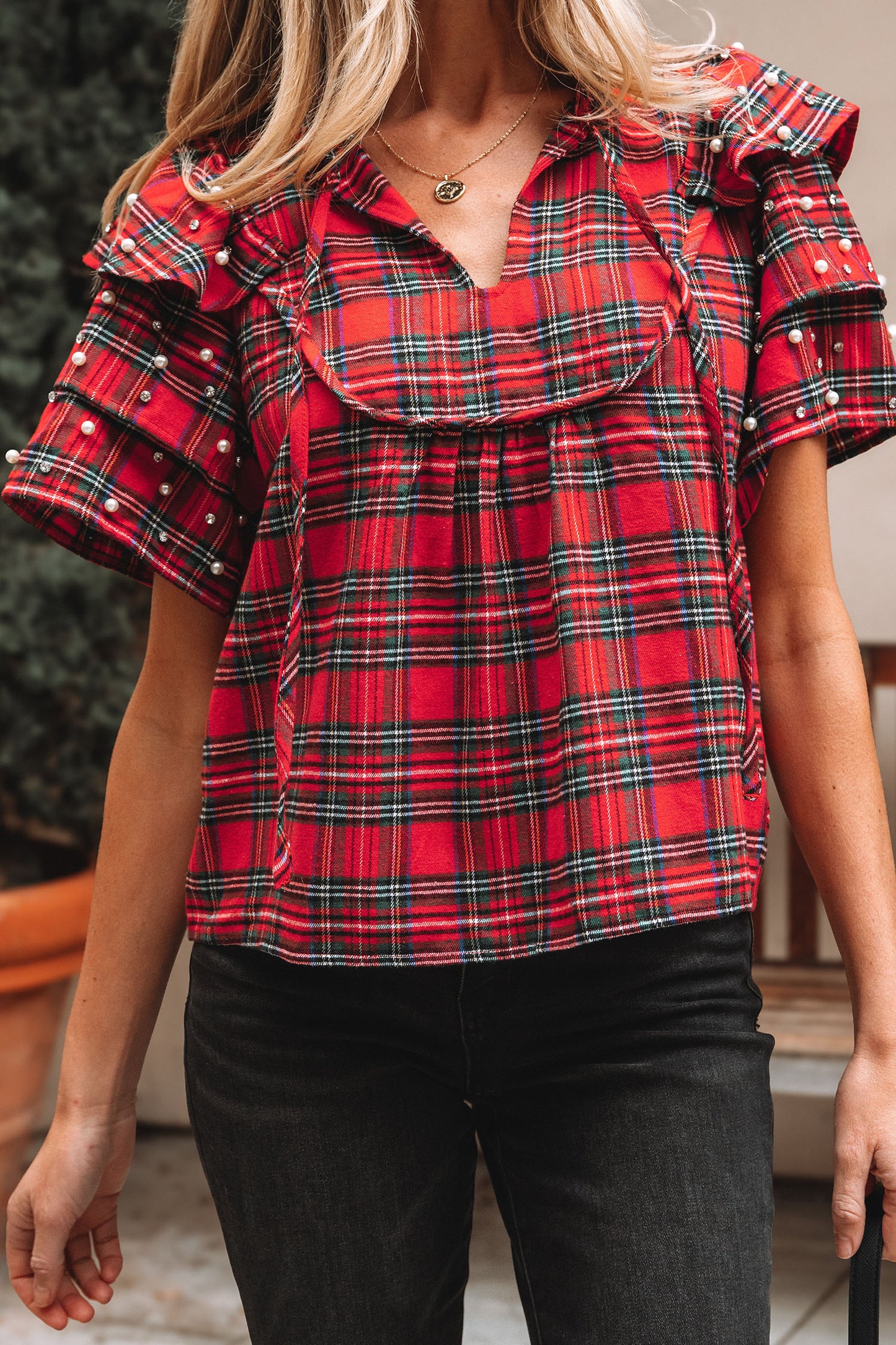 Red Christmas Plaid Pearl Ruffle Short Sleeve Holiday Blouse
