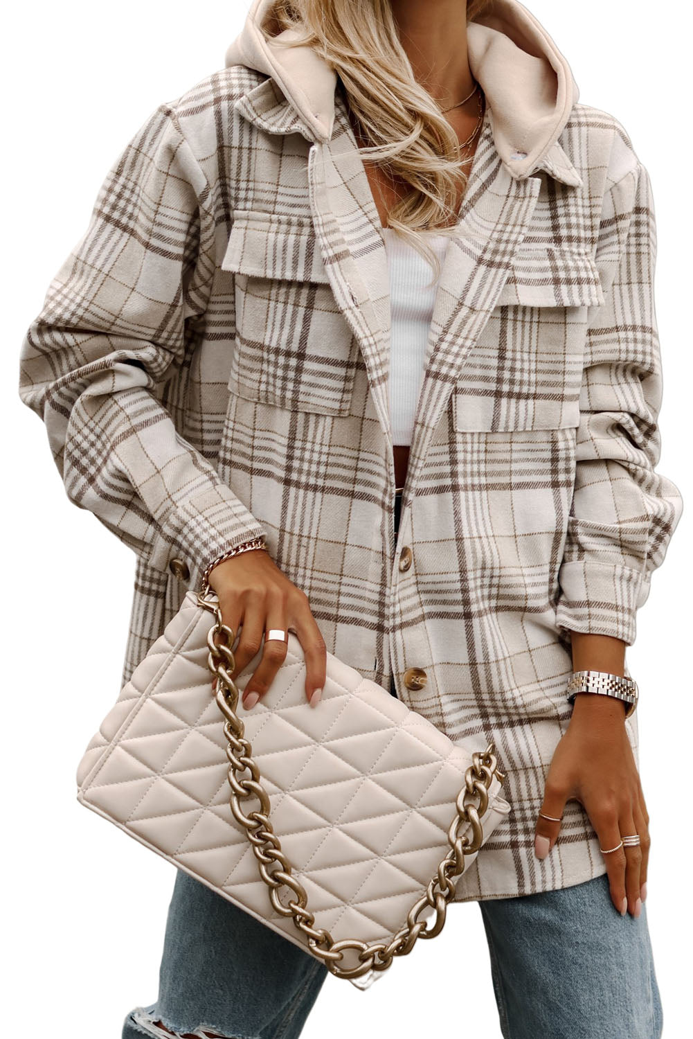 Neutral Khaki Plaid Oversized Shacket with Removable Hood