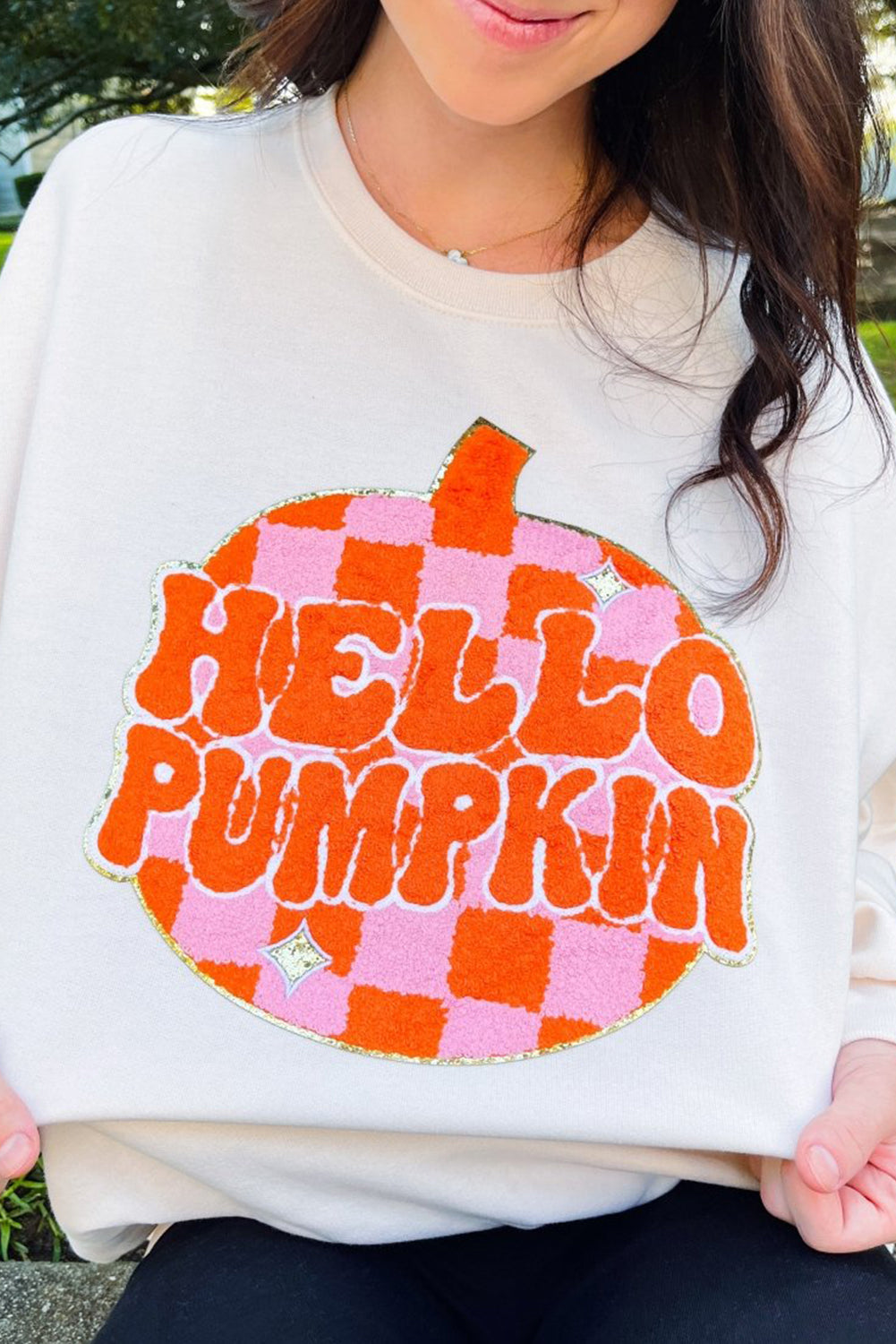 Hello Pumpkin Chenille Patch Halloween Pullover Sweatshirt