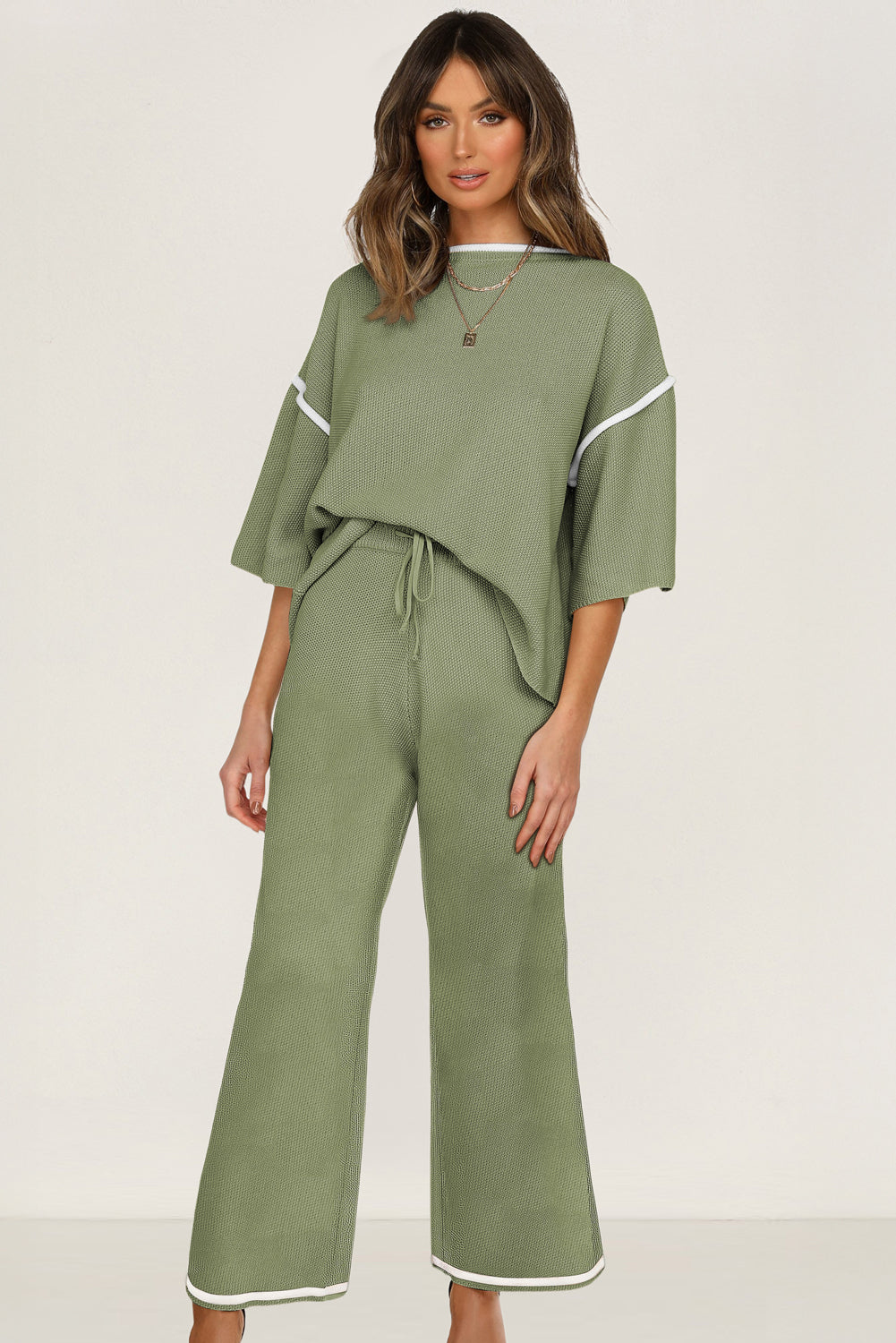 Women’s Knit Lounge Set Contrast Trim Top and Pants