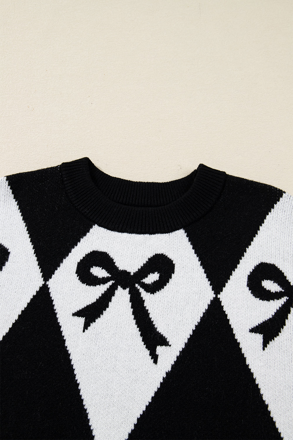 Black White Bow Argyle Knit Oversized Sweater