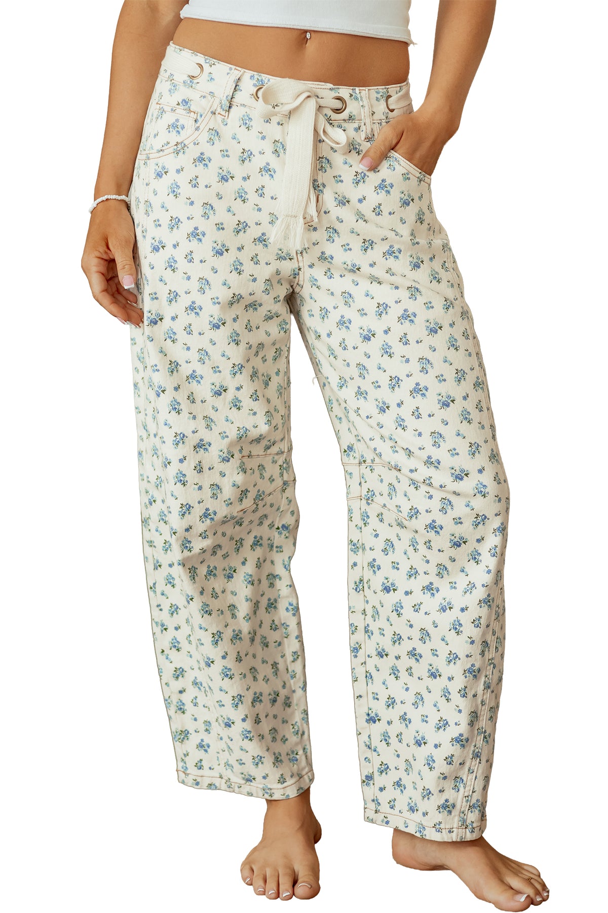 Floral Barrel Leg Drawstring Waist Casual Pants Women