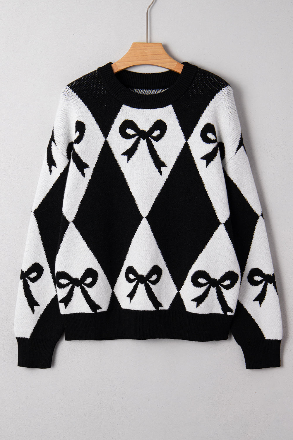 Black White Bow Argyle Knit Oversized Sweater
