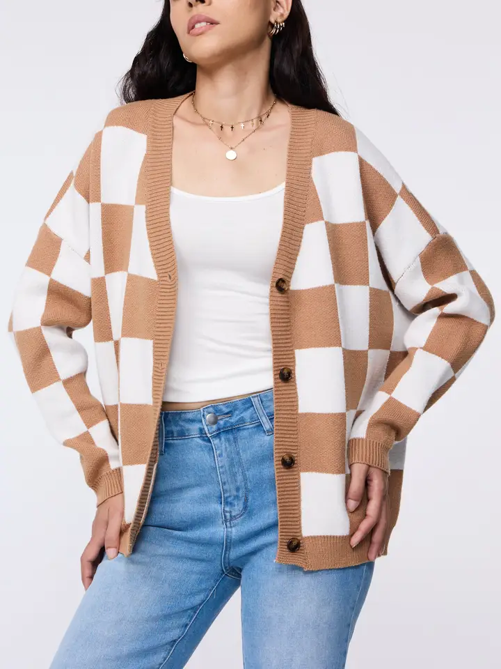 Checkerboard Knit Cardigan Button Down Cozy Sweater