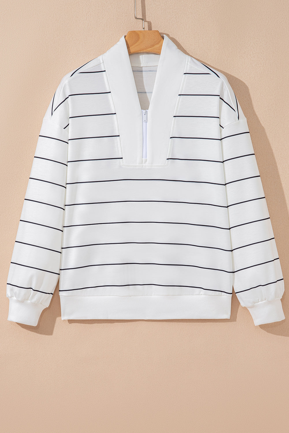 White Striped Zip V Neck Drop Shoulder Long Sleeve Top