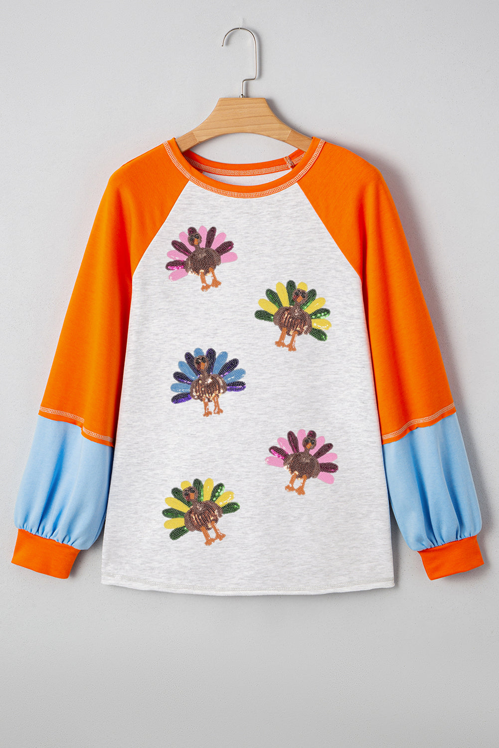 Thanksgiving Turkey Sequin Color Block Raglan Top