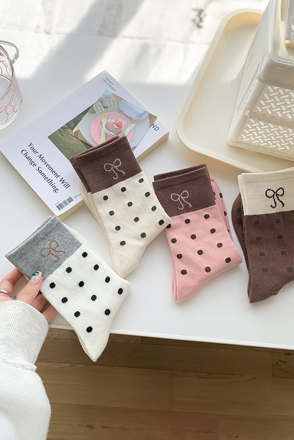 Polka Dot Bow Crew Socks Soft Cute Contrast Block