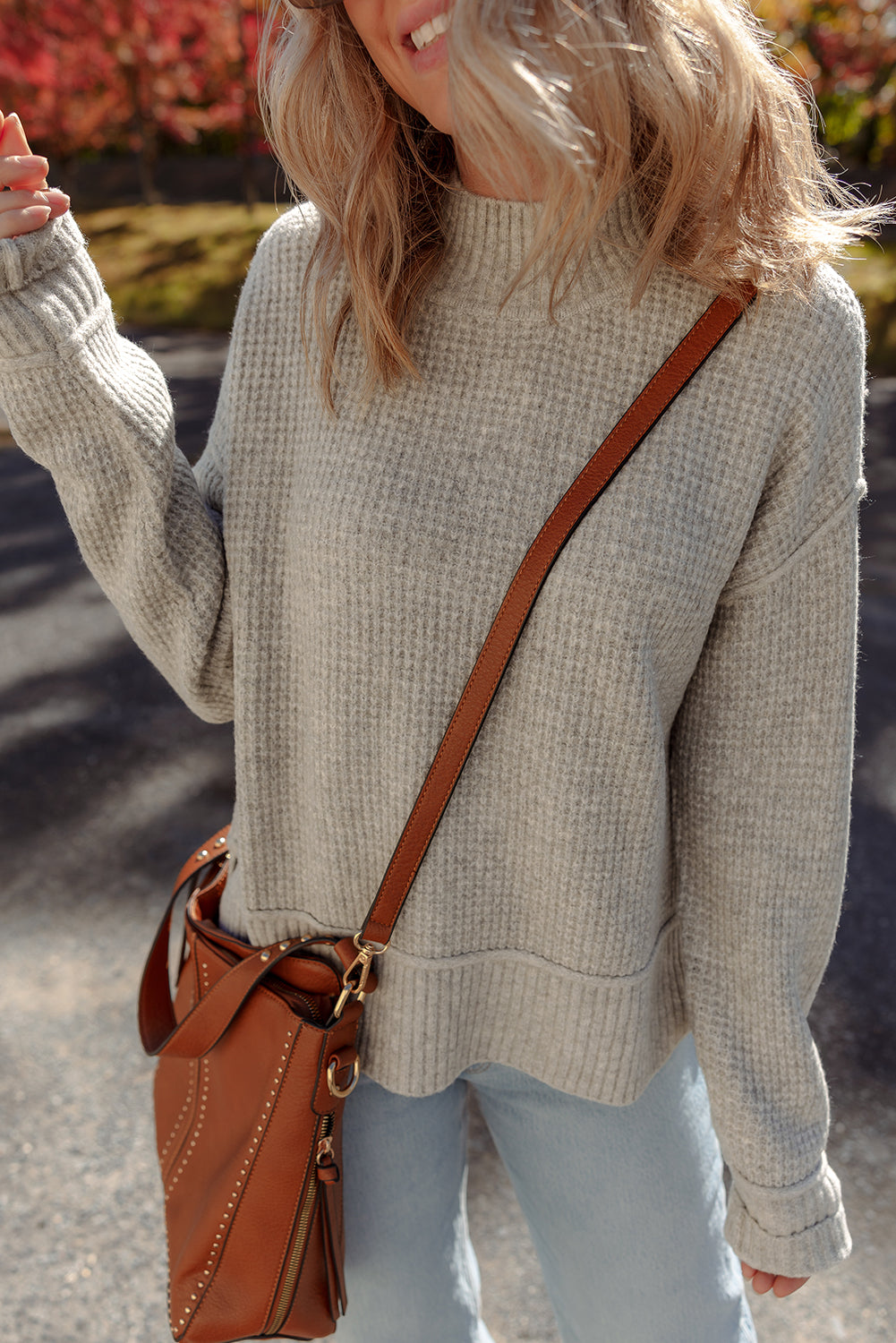Waffle Knit High Neck Drop Shoulder Ribbed Sweater