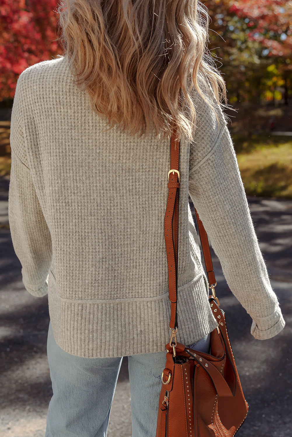 Waffle Knit High Neck Drop Shoulder Ribbed Sweater