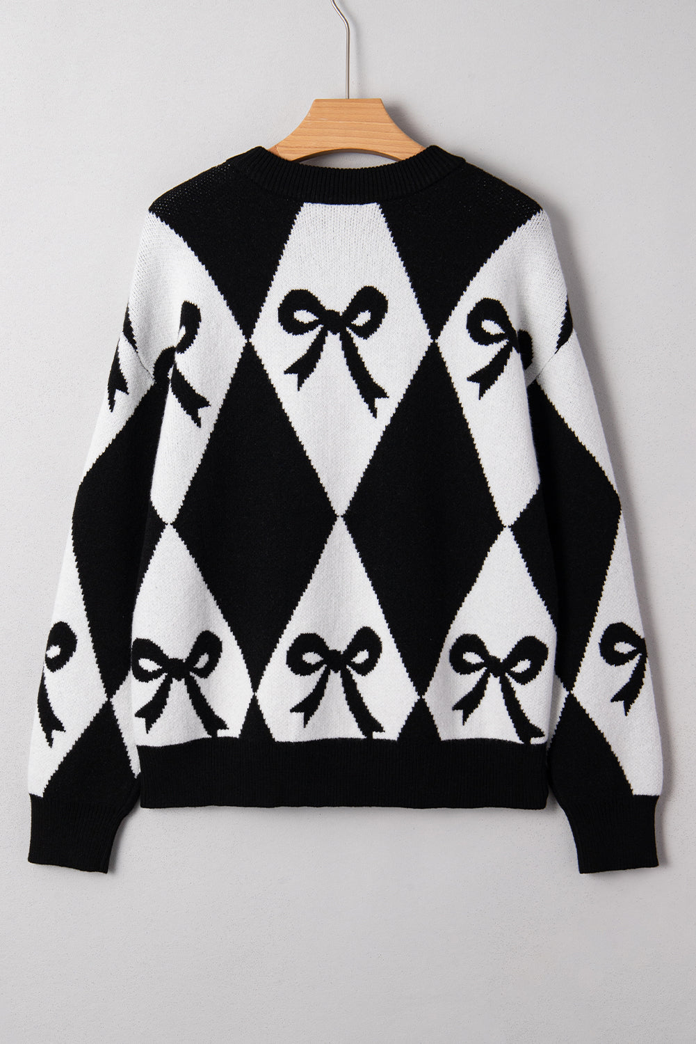 Black White Bow Argyle Knit Oversized Sweater