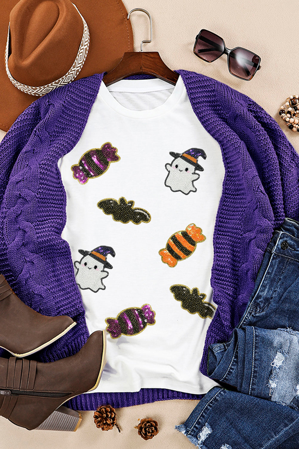 Halloween Sequin Ghost Candy Bat Graphic Casual T Shirt