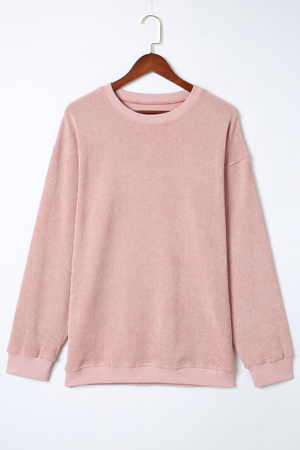 Customizable Solid Ribbed Knit Round Neck Casual PulloverSweatshirt
