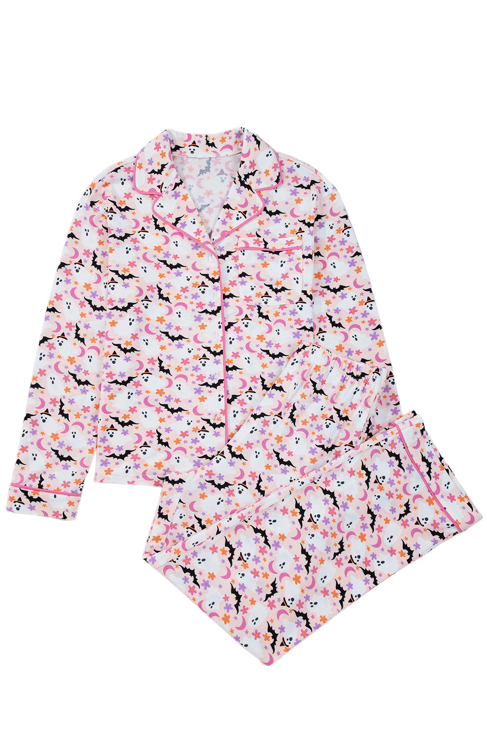 Pink Halloween Ghost Bat Print Pajama Set for Women