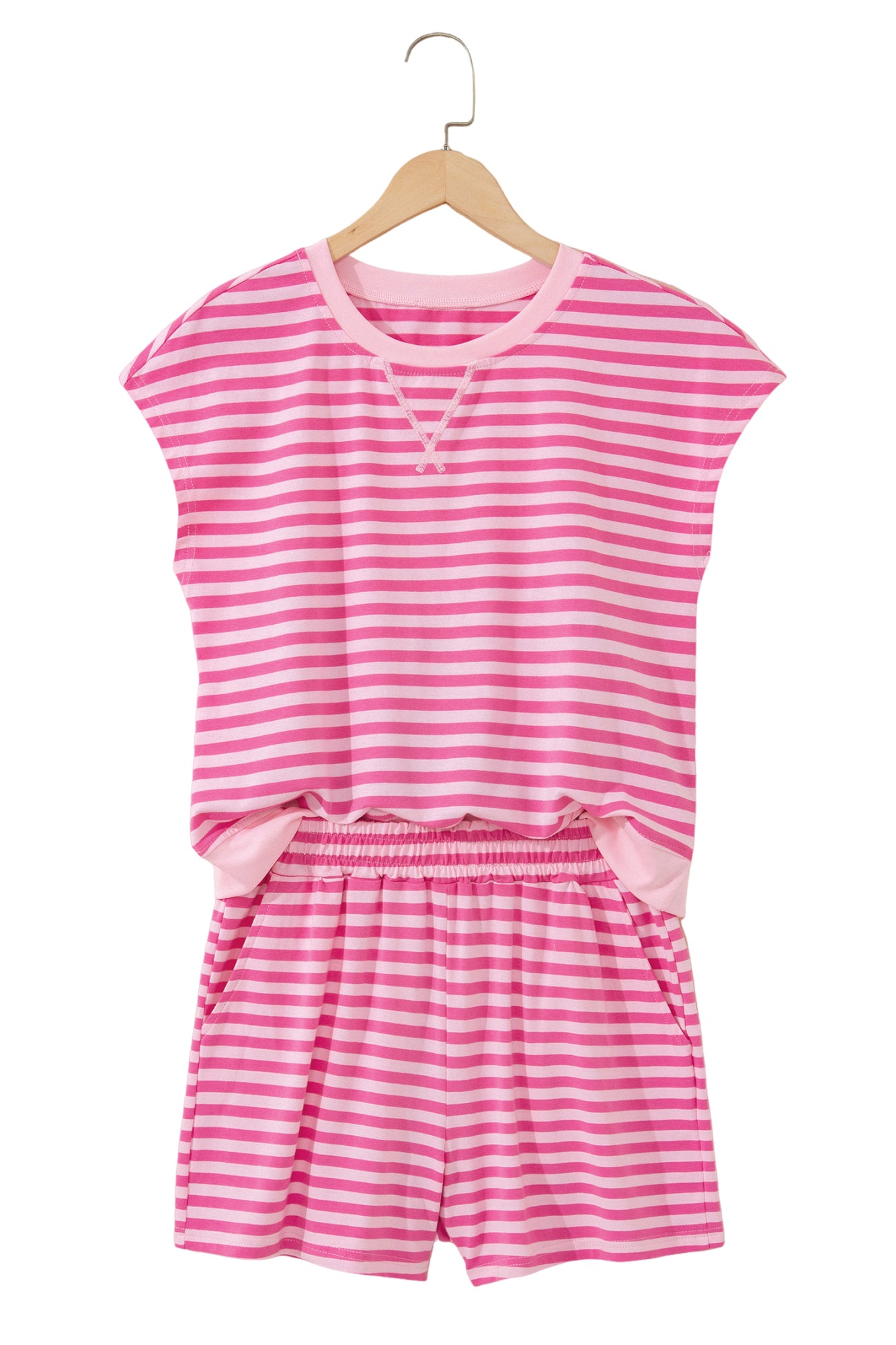 Pink Stripe Cap Sleeve Top and Elastic Waist Shorts Set