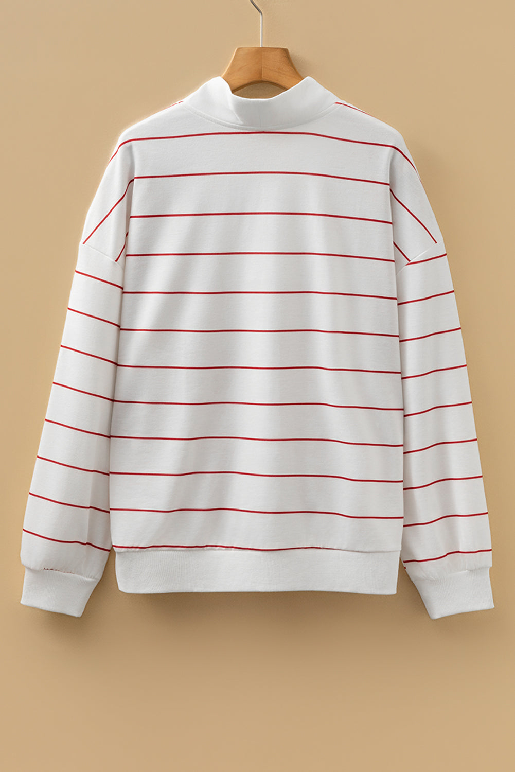 White Striped Zip V Neck Drop Shoulder Long Sleeve Top