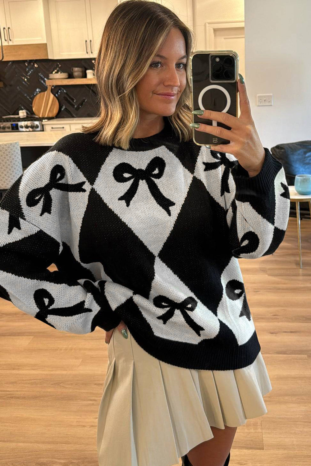 Black White Bow Argyle Knit Oversized Sweater