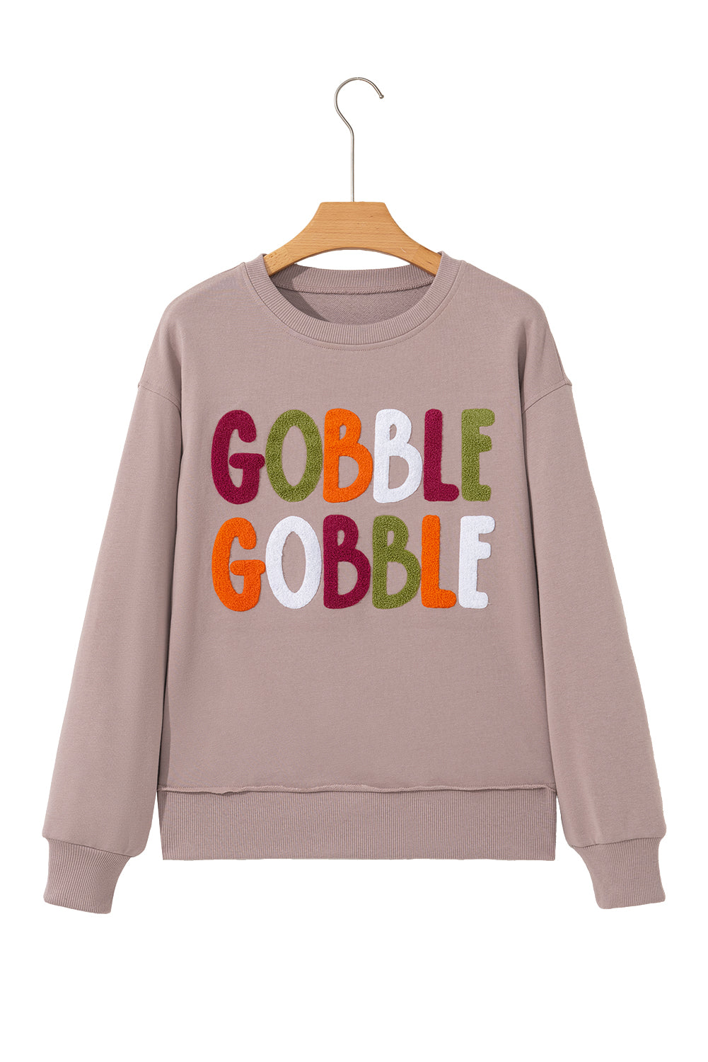 Khaki Gobble Gobble Chenille Letter Thanksgiving Sweatshirt