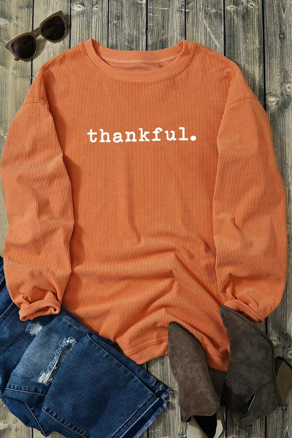 Orange Thankful Ribbed Crewneck Thanksgiving Sweatshirt