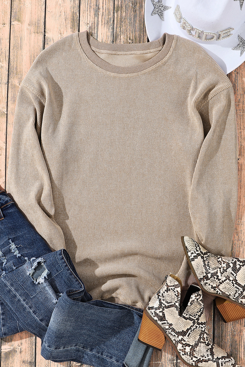 Customizable Solid Ribbed Knit Round Neck Casual PulloverSweatshirt